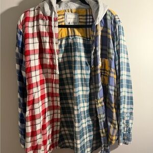 American Eagle Outfitters Red and Yellow Plaid Hooded Flannel Shirt